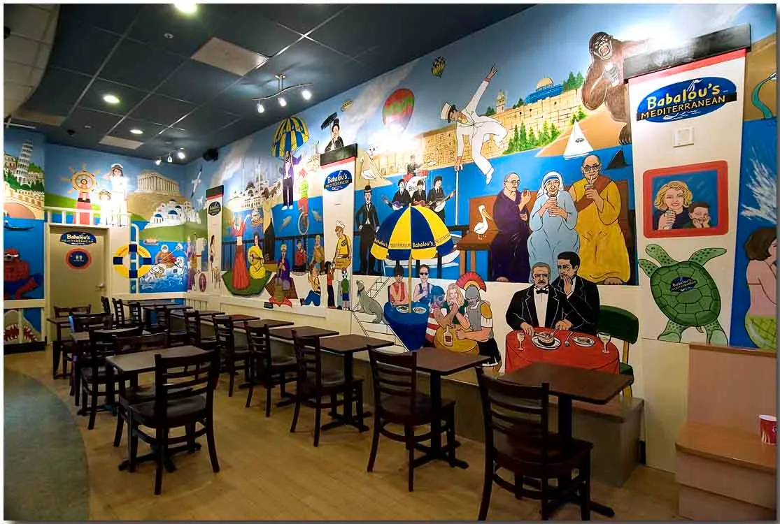 Dining room tables along the mural wall at Babalou's