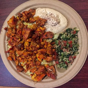 Chicken shawerma plate with tabbouleh and yogurt